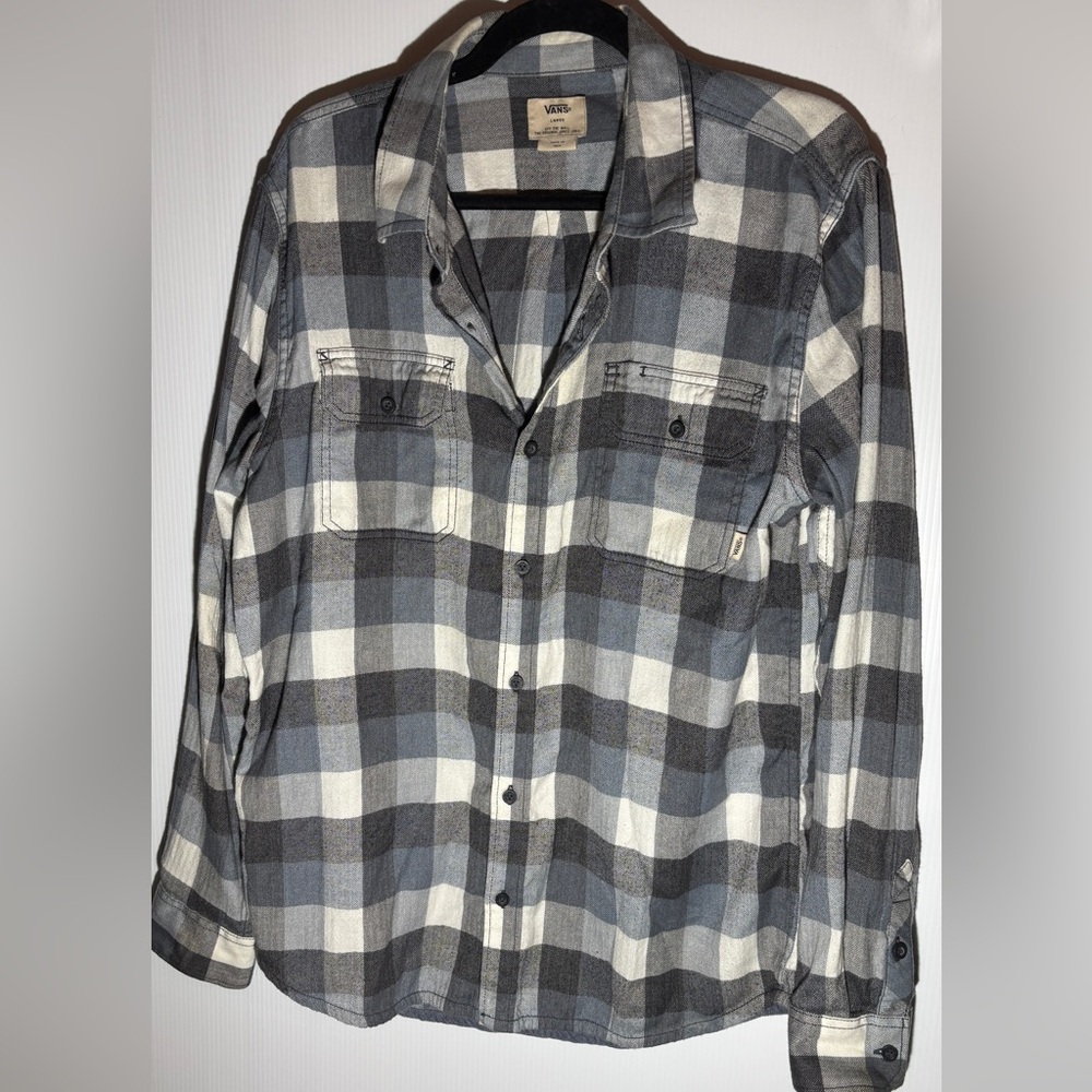 Vans Off The Wall Mens Large Flannel Shirt Grey Blue Plaid Long Sleeve Button Up